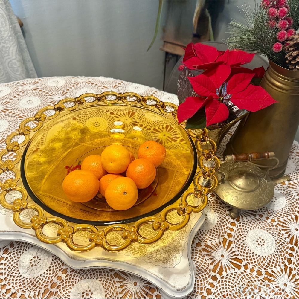 Vintage Large Amber Depression Glass Bowl with Lace trim